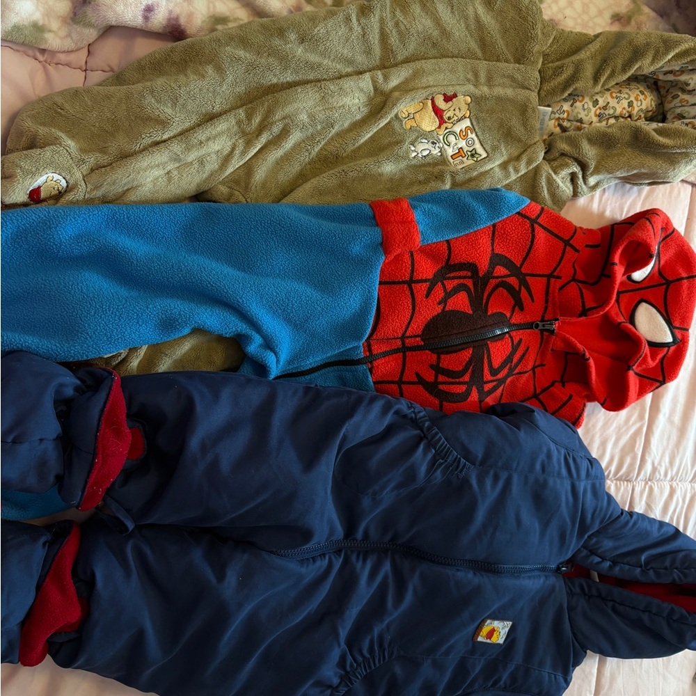 Vintage Disney Winnie the Pooh and marvel snow suit and body suits.